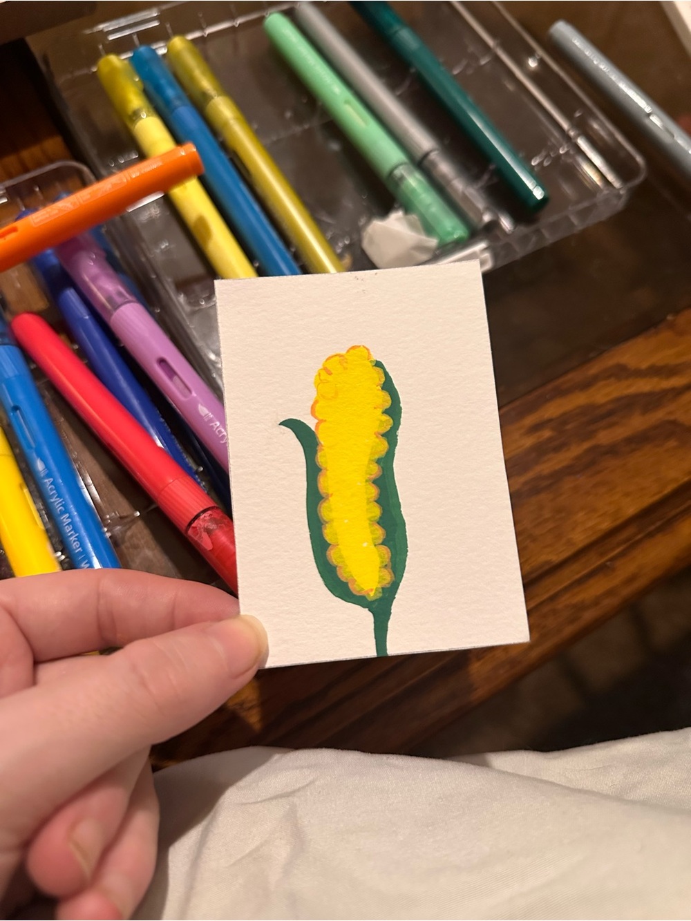 Hand-Painted Yellow Corn Illustration on Cardstock